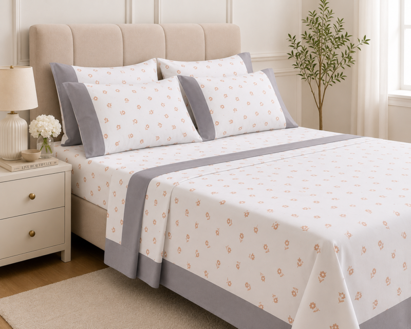 Drap de Lit 6 Pièces Coton 100% Paris Textile – Motif Floral Blanc & Gris | chez Bonista.sn