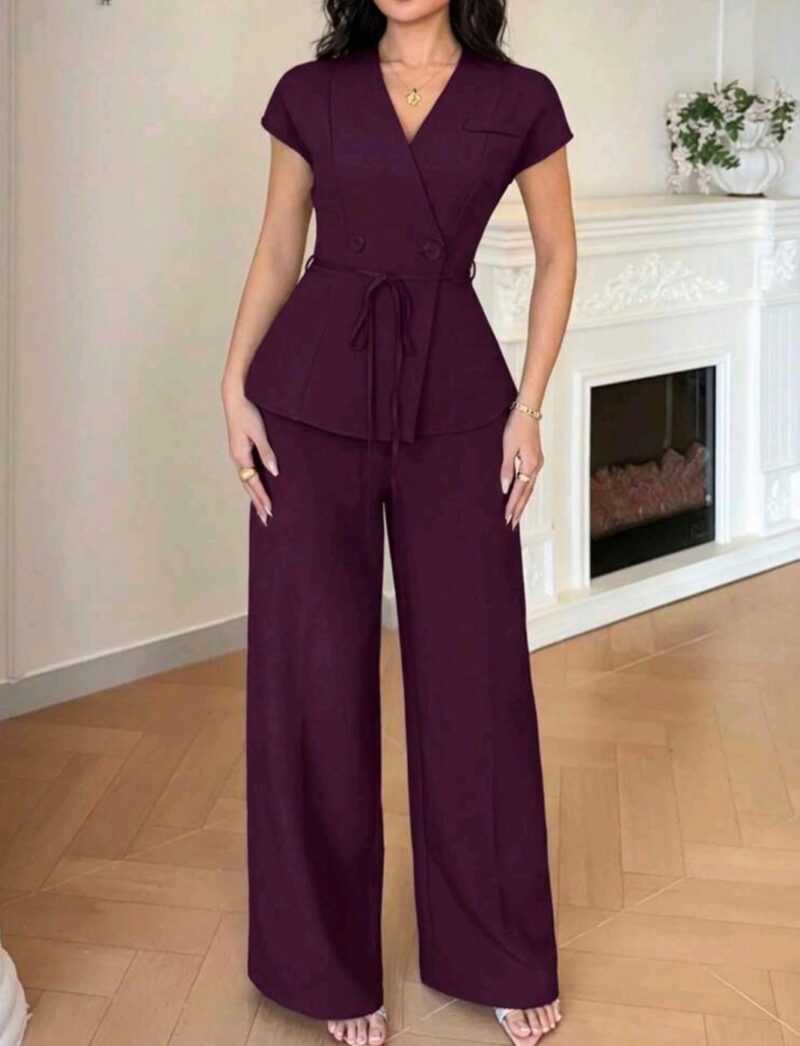 Ensemble Tailleur Femme Prune Chic (Veste Cache-Cœur & Pantalon Large) – Neuf Destockage chez Bonusta dakar