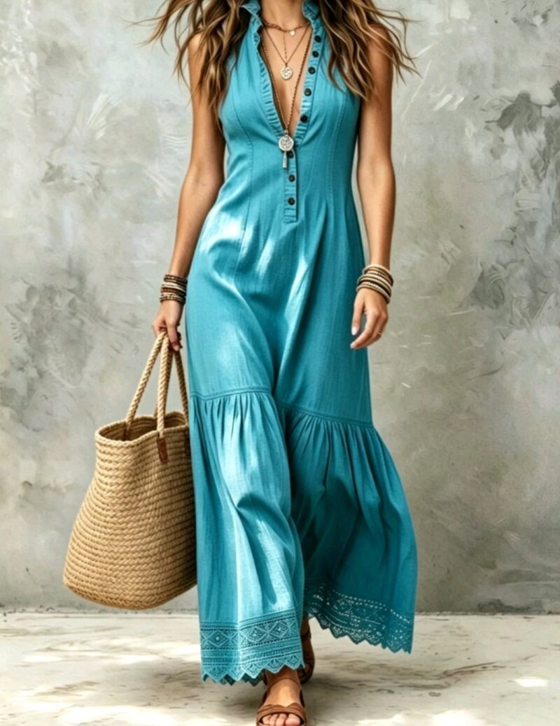 Robe Longue Bohème Boutonnée avec Dentelle Ajourée – Neuf Déstockage | Taille 40 –chez Bonusta dakar