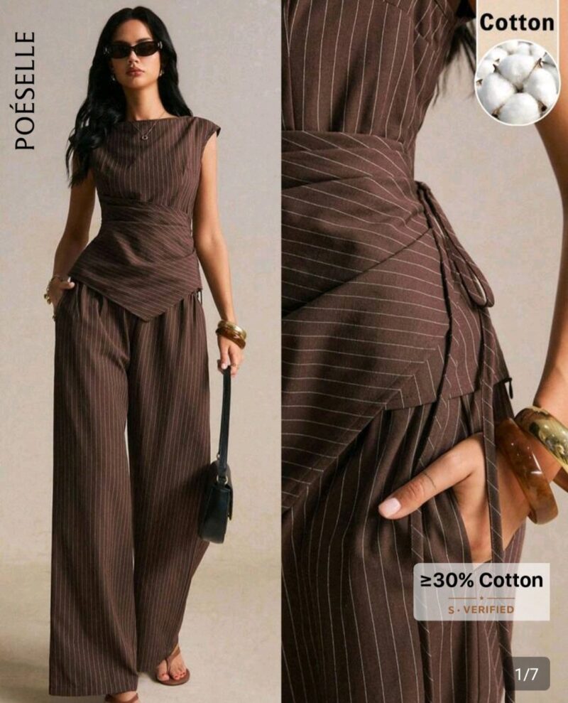 Ensemble 2 Pièces Haut Asymétrique Cintré & Pantalon Large Rayé Marron – Taille 38/40 | Bonusta dakar