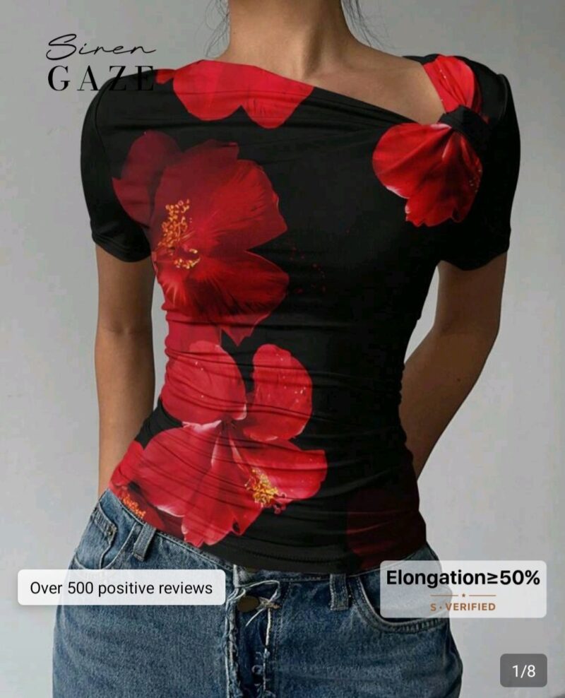 top-femme-asymetrique-noir-a-motifs-floraux-rouges-marque-siren-gaze-taille-40-neuf-destock-dakar